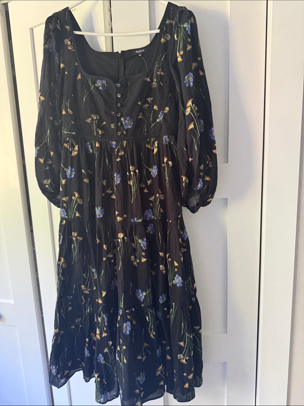 Madewell Black Midi Dress with Blue and Yellow Floral Print